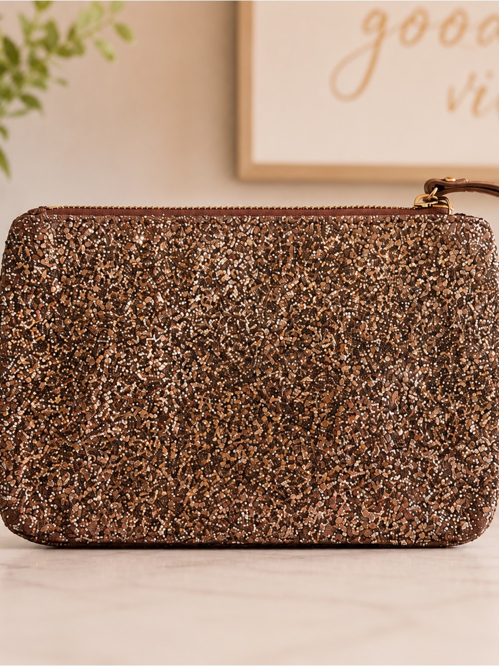 Ann Taylor Brown Glitter Wristlet Cosmetic Pouch